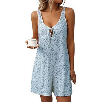 Women's Floral Romper Summer Sleeveless Tie Front Pajama Jumpsuits Boho Scoop Neck Sleepwear