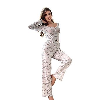 Women's Long Sleeve V-Neck Pajama Set Floral Lounge Crop Top & Pants