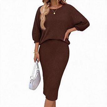 Women's 2 pc Knit Outfit Set Batwing Long Sleeve Crew Neck Top and High Waist Skirt