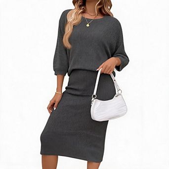 Women's 2 pc Knit Outfit Set Batwing Long Sleeve Crew Neck Top and High Waist Skirt