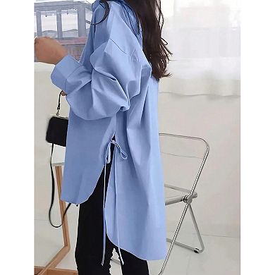 Side Split Tie Detail Oversized Shirt Women's Long Sleeve Button Down Tunic