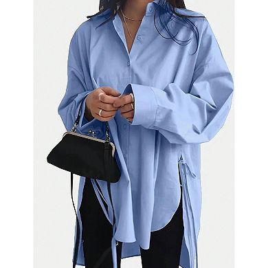 Side Split Tie Detail Oversized Shirt Women's Long Sleeve Button Down Tunic