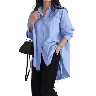 Side Split Tie Detail Oversized Shirt Women's Long Sleeve Button Down Tunic