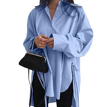 Side Split Tie Detail Oversized Shirt Women's Long Sleeve Button Down Tunic