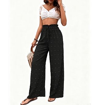 Women's Swiss Dot Smocked High Waist Wide Leg Pants Drawstring Ruffle Loose Casual Trousers