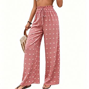 Women's Swiss Dot Smocked High Waist Wide Leg Pants Drawstring Ruffle Loose Casual Trousers