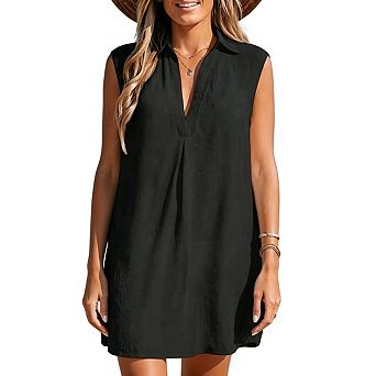 Women's Collared Sleeveless V Neck Tunic Dress Front Pleat Loose Fit Textured Cover Up Mini Dress