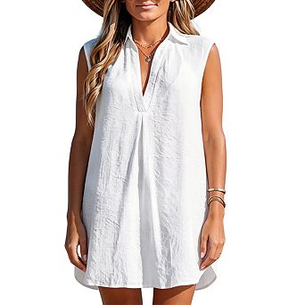 Women's Collared Sleeveless V Neck Tunic Dress Front Pleat Loose Fit Textured Cover Up Mini Dress