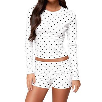 Women's Polka Dot Crew Neck Slim Long Sleeve Crop Top with Short Pants 2 pc Loungewear Set