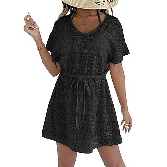 Women's Hollow Crochet Knit Cover Up Dress V Neck Short Sleeve Drawstring Waist Beach Mini Dress