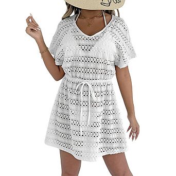 Women's Hollow Crochet Knit Cover Up Dress V Neck Short Sleeve Drawstring Waist Beach Mini Dress