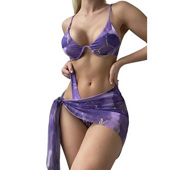 Women's 3 pc Print Bikini Set Underwire Push Up Wrap Cover Up High Cut Cheeky Bathing Suit