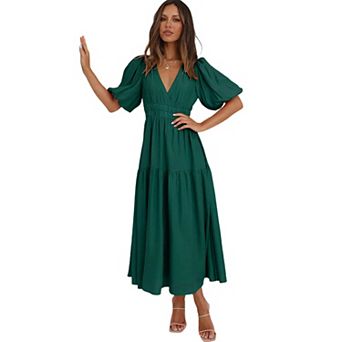 Smocked Waist Tiered Midi Dress Deep V Neck Short Sleeve Casual Long Dress