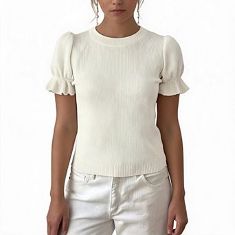 KOJOOIN Women Puff Short Sleeve Knit Top Crew Neck Ribbed Tee