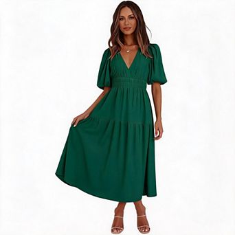 Women's Deep V Neck Tiered Midi Dress, Short Sleeve Smocked Waist Casual Long Dress