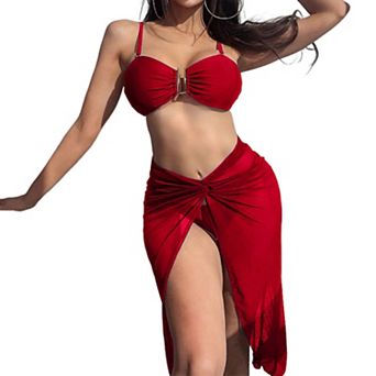 Women's 3 pc Bikini Set Metal Hardware Front Ruched Swimsuit Cover Up High Cut Thong Bathing Suit
