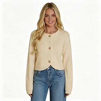 KOJOOIN Women Gold Button Knit Cardigan Long Sleeve Crew Neck