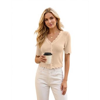 KOJOOIN Women Scallop Trim Knit Cardigan Short Sleeve V Neck
