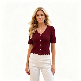 KOJOOIN Women Scallop Trim Knit Cardigan Short Sleeve V Neck