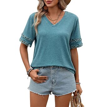 Summer Tops for Women Lace Short Sleeve T-Shirts Casual Blouses Fashion Vacation Outfits