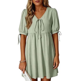 Womens Summer Casual V Neck Bow Tie Short Sleeve High Waist A-Line Mini Babydoll Dress