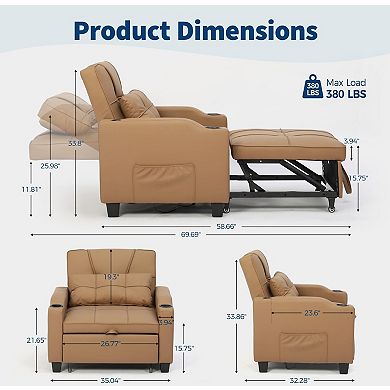 4-in-1 Convertible Sleeper Sofa Chair with Massage, USB-C & Cup Holders, Pull Out Bed for room