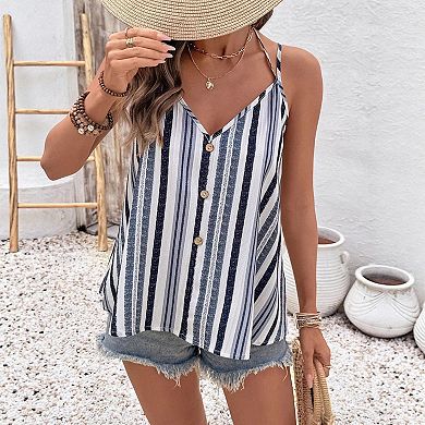 Women's Striped V-Neck Cami Top, Adjustable Spaghetti Straps Decorative Buttons Sleeveless Blouse
