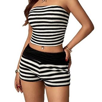 Women's Striped Crochet 2 pc Set, Strapless Tube Top & High Waist Shorts Cover-Up