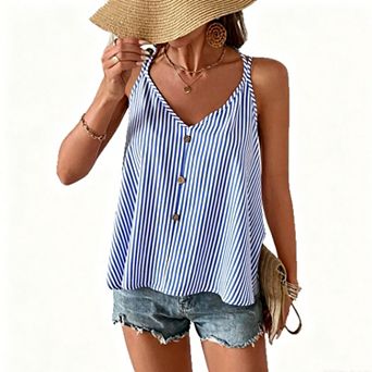 Women's Striped V-Neck Cami Top, Adjustable Spaghetti Straps Decorative Buttons Sleeveless Blouse