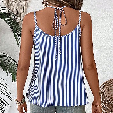 Women's Striped V-Neck Cami Top, Adjustable Spaghetti Straps Decorative Buttons Sleeveless Blouse