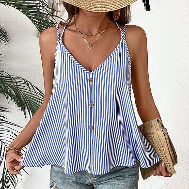 Women's Striped V-Neck Cami Top, Adjustable Spaghetti Straps Decorative Buttons Sleeveless Blouse