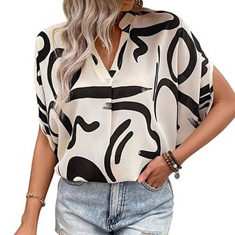 Women's Abstract Print V-Neck Blouse, Batwing Short Sleeve Loose Fit Casual Summer Top