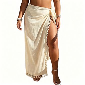 Women's Plus Size Tassel Trim Wrap Sarong Skirt, Adjustable Tie Waist Beach Cover-Up Maxi