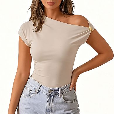 Women's Asymmetrical Off-Shoulder Top, Gold Accent Cap Sleeve Form-Fitting Tummy Control Tee