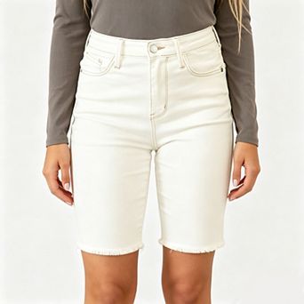 Women's High Waist Denim Bermuda Shorts, Frayed Raw Hem Stretch Straight Leg Jean Shorts