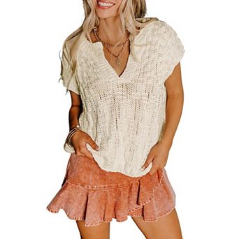 Women's Knit V-Neck Top, Short Sleeve Loose Fit Open Knit Casual Summer Sweater Blouse