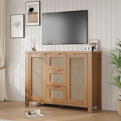 Spacious Rattan Buffet Sideboard Cabinet - 3 Drawers & 2 Doors，Adjustable Shelves