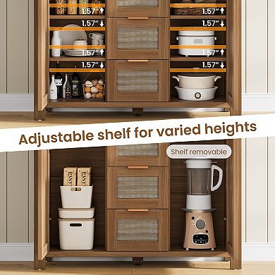 Spacious Rattan Buffet Sideboard Cabinet - 3 Drawers & 2 Doors，Adjustable Shelves