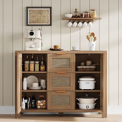 Spacious Rattan Buffet Sideboard Cabinet - 3 Drawers & 2 Doors，Adjustable Shelves