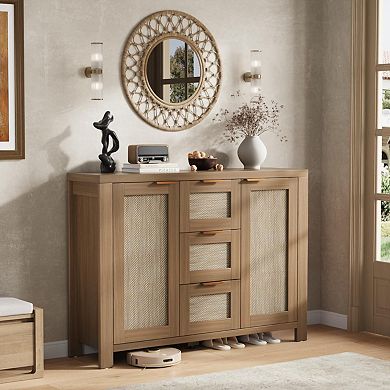 Spacious Rattan Buffet Sideboard Cabinet - 3 Drawers & 2 Doors，Adjustable Shelves