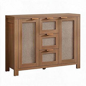 Spacious Rattan Buffet Sideboard Cabinet - 3 Drawers & 2 Doors，Adjustable Shelves