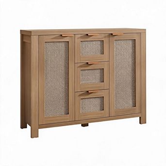 Spacious Rattan Buffet Sideboard Cabinet - 3 Drawers & 2 Doors，Adjustable Shelves