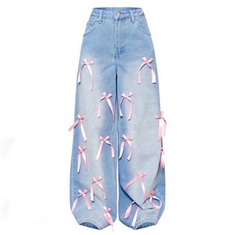 Women's High Waist Bow Accent Wide Leg Jeans, Loose Baggy Denim Trousers