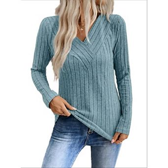 Women Long Sleeve Knit Shirts V Neck Fall Casual Tops Basic T Shirt