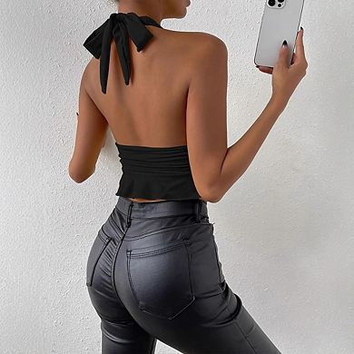 Women's Cropped Top Halter Tie Back Deep V Neck Sleeveless Backless Ruched Slim Fit Shirts
