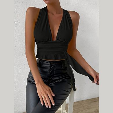 Women's Cropped Top Halter Tie Back Deep V Neck Sleeveless Backless Ruched Slim Fit Shirts