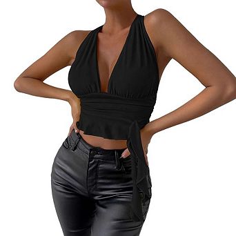 Women's Cropped Top Halter Tie Back Deep V Neck Sleeveless Backless Ruched Slim Fit Shirts