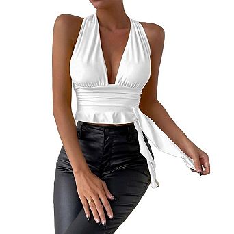 Women's Cropped Top Halter Tie Back Deep V Neck Sleeveless Backless Ruched Slim Fit Shirts