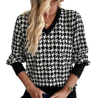 Women's Fashion Plaid Casual Shirts Sweater Long Sleeve V Neck Sweaters Knitwear Pullover Tops