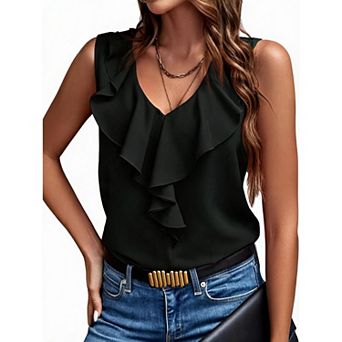 Womens Summer Tank Tops Fashion Sleeveless Ruffle V Neck Dressy Casual Blouses Fashion Work Shirts